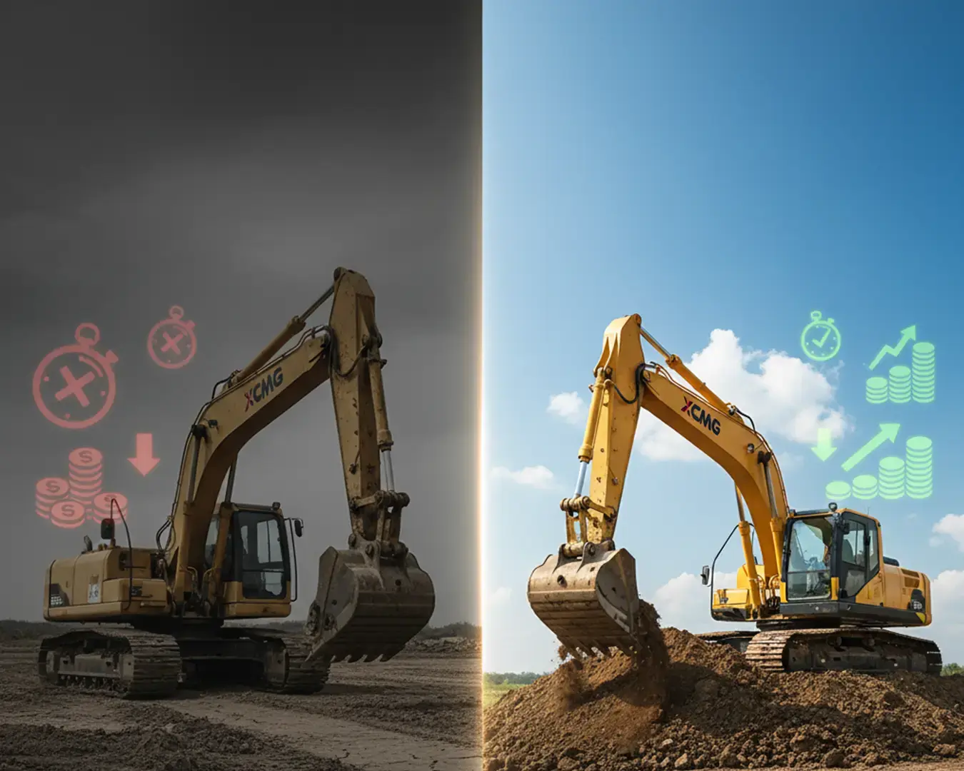 Split-screen comparison showing excavator downtime on one side and uptime productivity on the other, representing the impact of reliability on profitability.