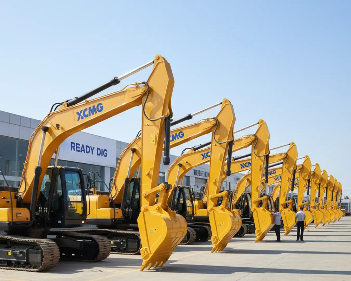 A full lineup of new XCMG excavators parked in front of the ReadyDig dealership, demonstrating fleet strength and reliable dealer support.