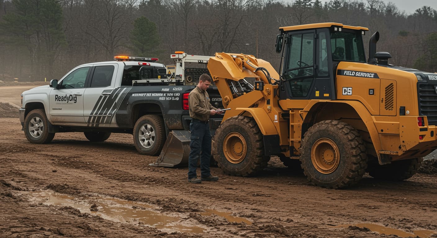 A ReadyDig field service technician performs on-site maintenance on a wheel loader at a muddy road construction project, ensuring equipment uptime.