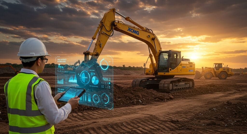 A construction site manager uses a tablet displaying holographic telematics data for "TCO" and "Fuel Efficiency" while observing an XCMG excavator working at sunset, symbolizing data-driven equipment selection.