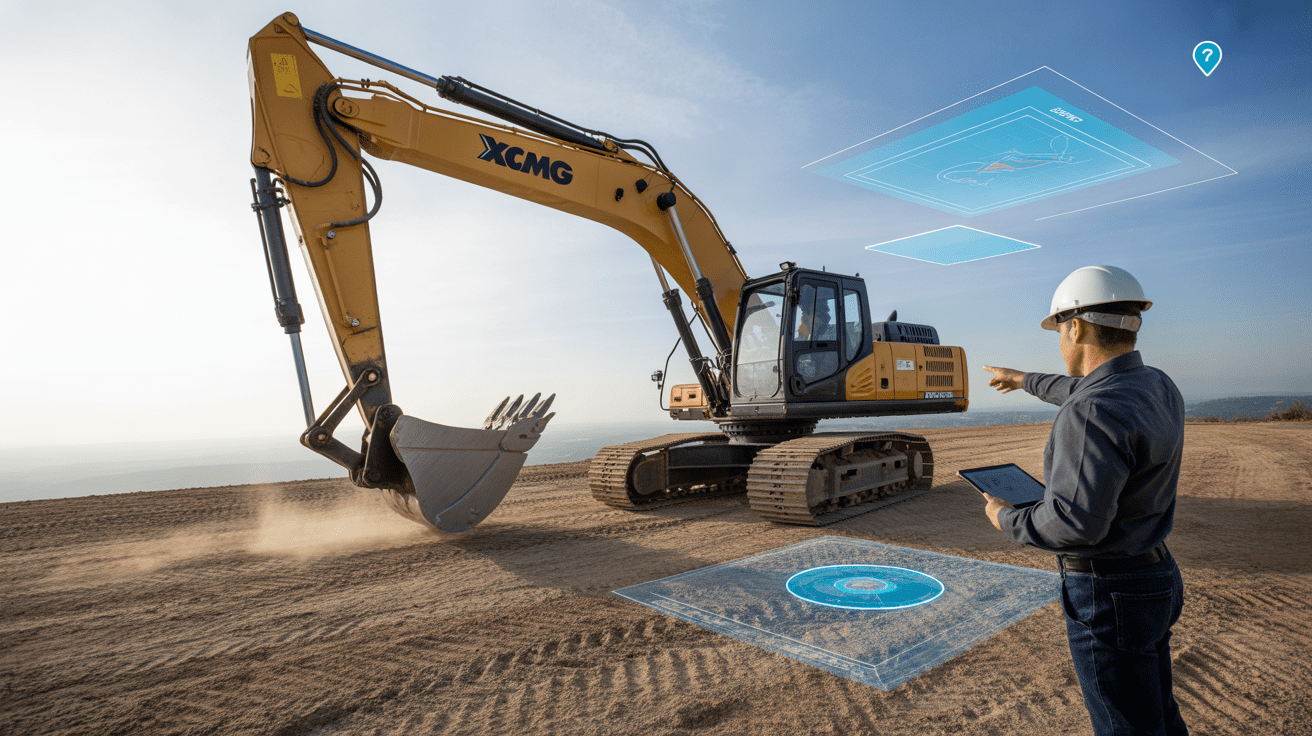 A site manager uses a tablet displaying telematics data while observing an XCMG excavator working on a construction site at sunset, illustrating data-driven heavy equipment procurement.