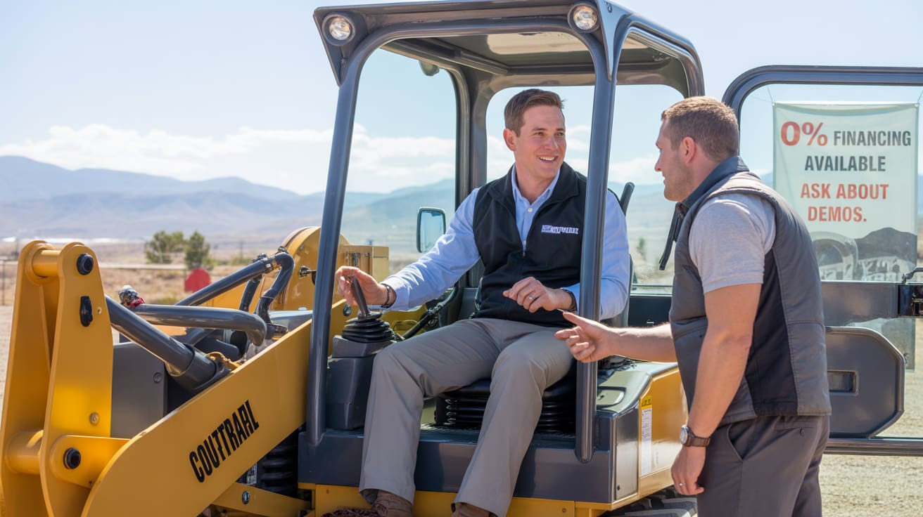 A contractor tests the controls of a compact track loader during an on-site demo at a heavy equipment dealership, discussing features with a sales representative.