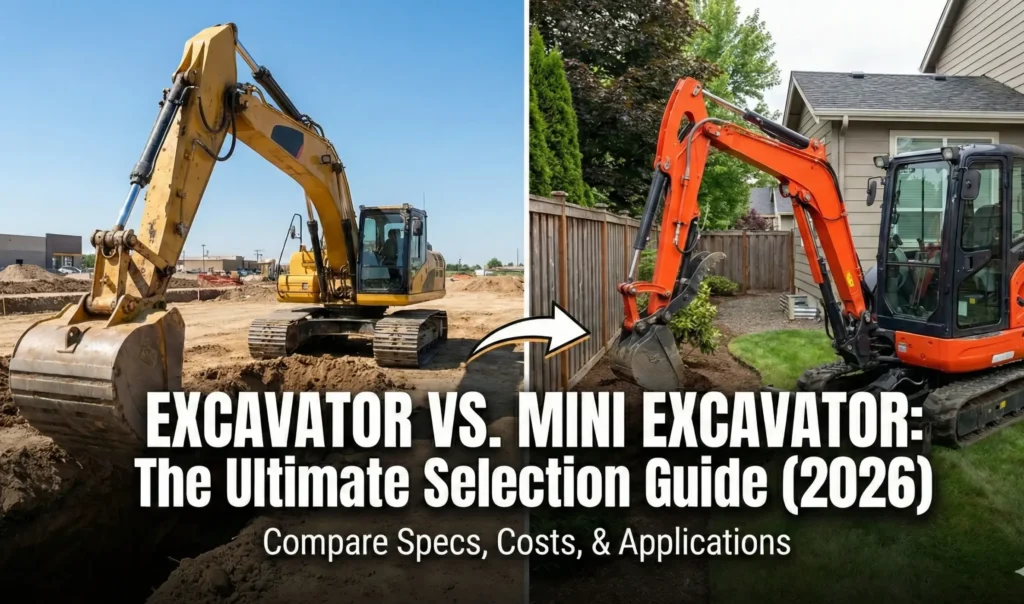 Split-screen comparison showing a large yellow standard excavator on a construction site versus a compact orange mini excavator in a residential backyard, with text reading Excavator vs. Mini Excavator: The Ultimate Selection Guide (2026).