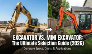 Split-screen comparison showing a large yellow standard excavator on a construction site versus a compact orange mini excavator in a residential backyard, with text reading Excavator vs. Mini Excavator: The Ultimate Selection Guide (2026).