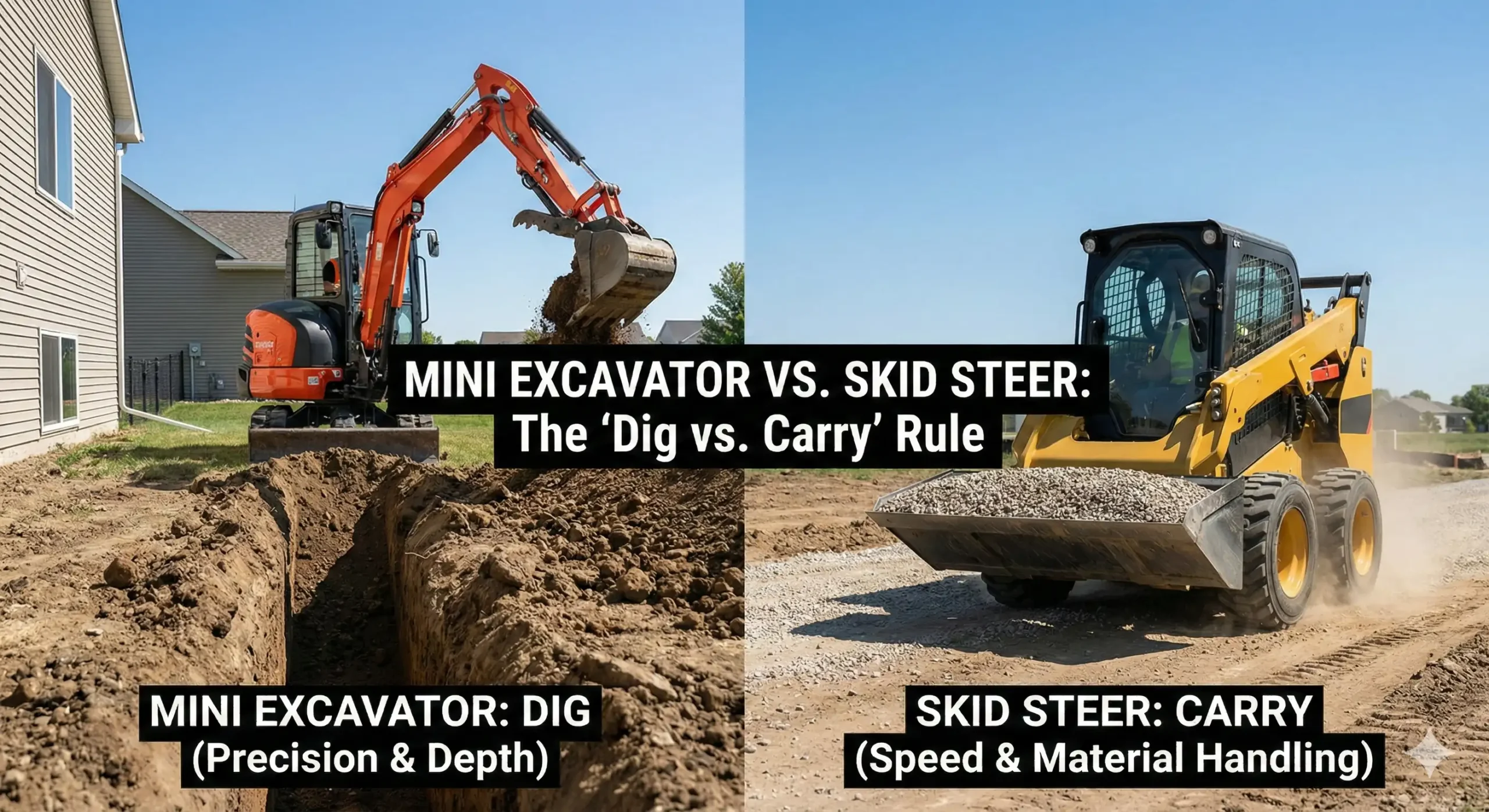 Split-screen comparison: A mini excavator digging a deep trench vs. a skid steer carrying gravel. Text reads: Mini Excavator vs. Skid Steer: The 'Dig vs. Carry' Rule.