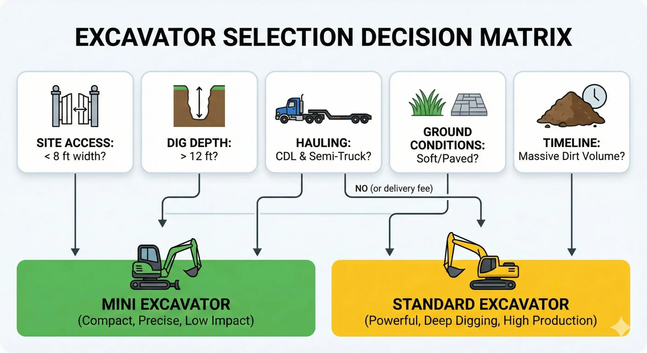 Infographic flowchart decision matrix for choosing an excavator. Icons represent site access, dig depth, hauling requirements, and ground conditions pointing toward either a Mini Excavator or a Standard Excavator.