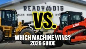 Split-screen comparison showing a yellow XCMG wheel loader versus a red Toro Dingo TX 1000 mini skid steer parked in front of the Ready Dig headquarters. Text overlays read: Wheel Loader vs. Skid Steer: Which Machine Wins? 2026 Guide.