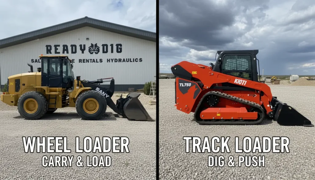 Split-screen comparison showing a yellow SANY wheel loader versus a red Kioti TL750 compact track loader parked in front of the Ready Dig building. Text overlays read: Wheel Loader (Carry & Load) and Track Loader (Dig & Push).