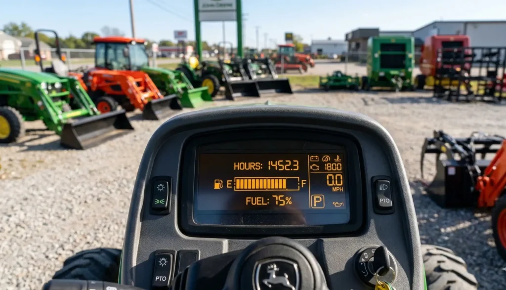 A digital tractor dashboard highlighting fuel and maintenance tracking.