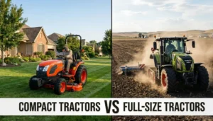 A side-by-side comparison of a compact tractor on a small lawn and a full-size agriculture tractor in a large field.