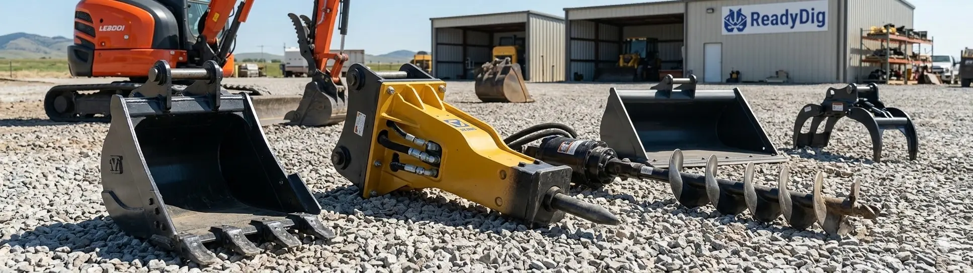 Assortment of ReadyDig mini excavator attachments including a trenching bucket, a hydraulic breaker, and an earth auger laid out on gravel.