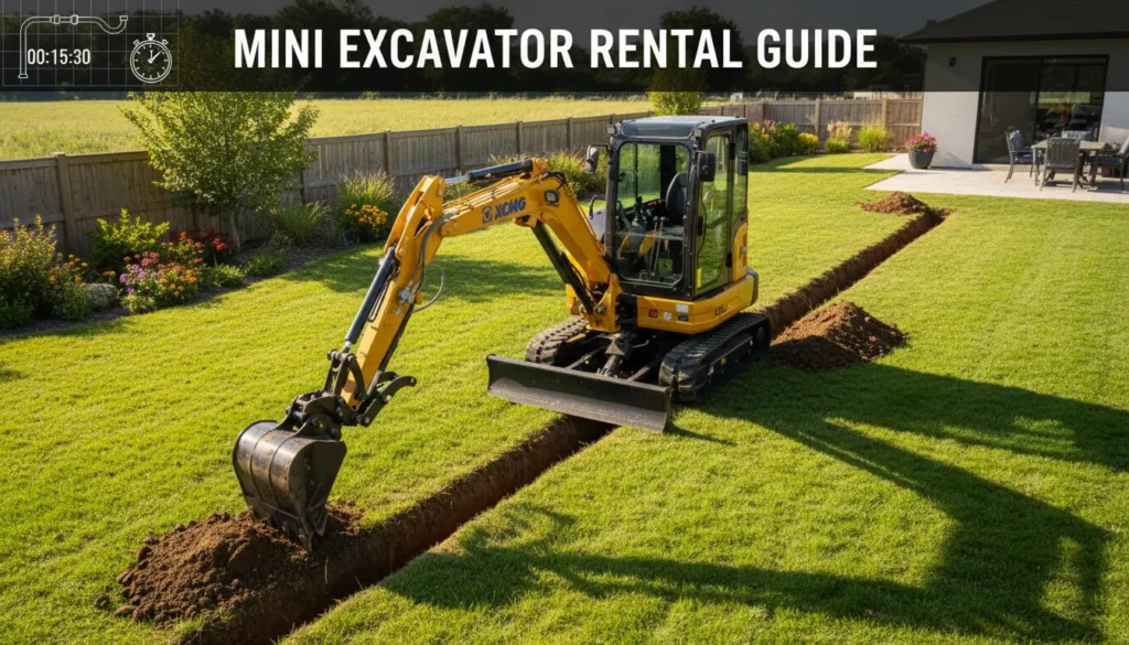 Yellow mini excavator digging a utility trench for a residential backyard project