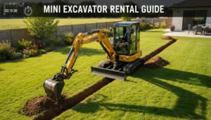 Yellow mini excavator digging a utility trench for a residential backyard project