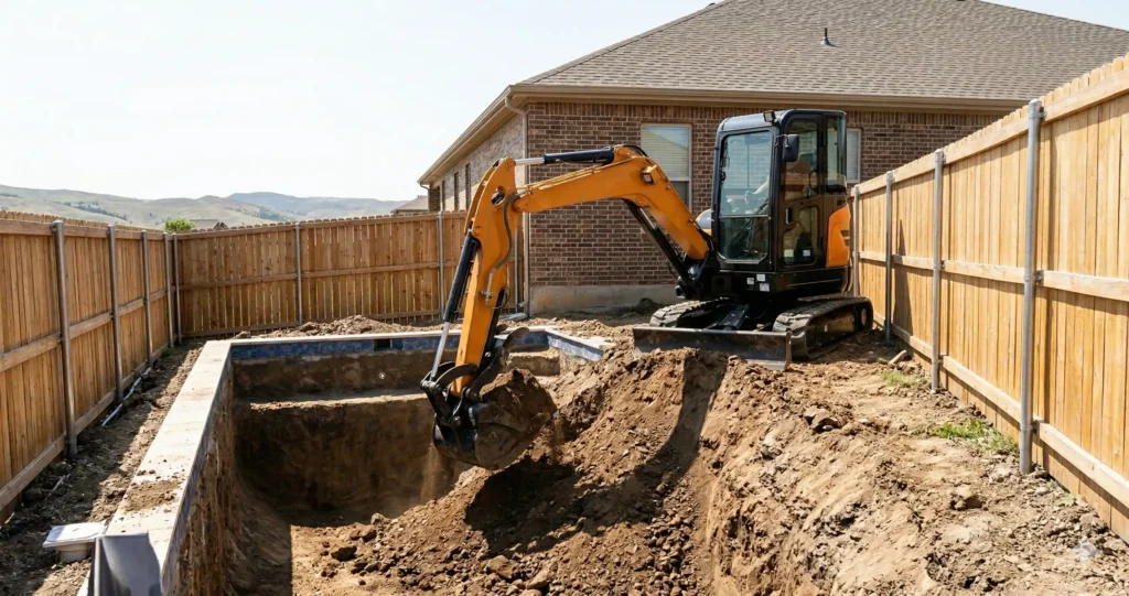 A photorealistic action shot of a ReadyDig orange SANY SY35U mini excavator digging an 8-foot deep end hopper for a residential swimming pool, reaching down a contoured slope.