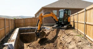A photorealistic action shot of a ReadyDig orange SANY SY35U mini excavator digging an 8-foot deep end hopper for a residential swimming pool, reaching down a contoured slope.