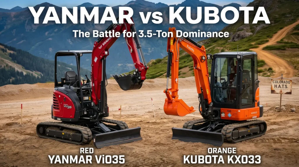 Technical comparison of a yellow Yanmar ViO35-7 and an orange Kubota KX033-4 mini excavator side-by-side on a Colorado jobsite with mountain views.