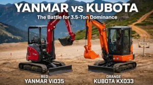 Technical comparison of a yellow Yanmar ViO35-7 and an orange Kubota KX033-4 mini excavator side-by-side on a Colorado jobsite with mountain views.