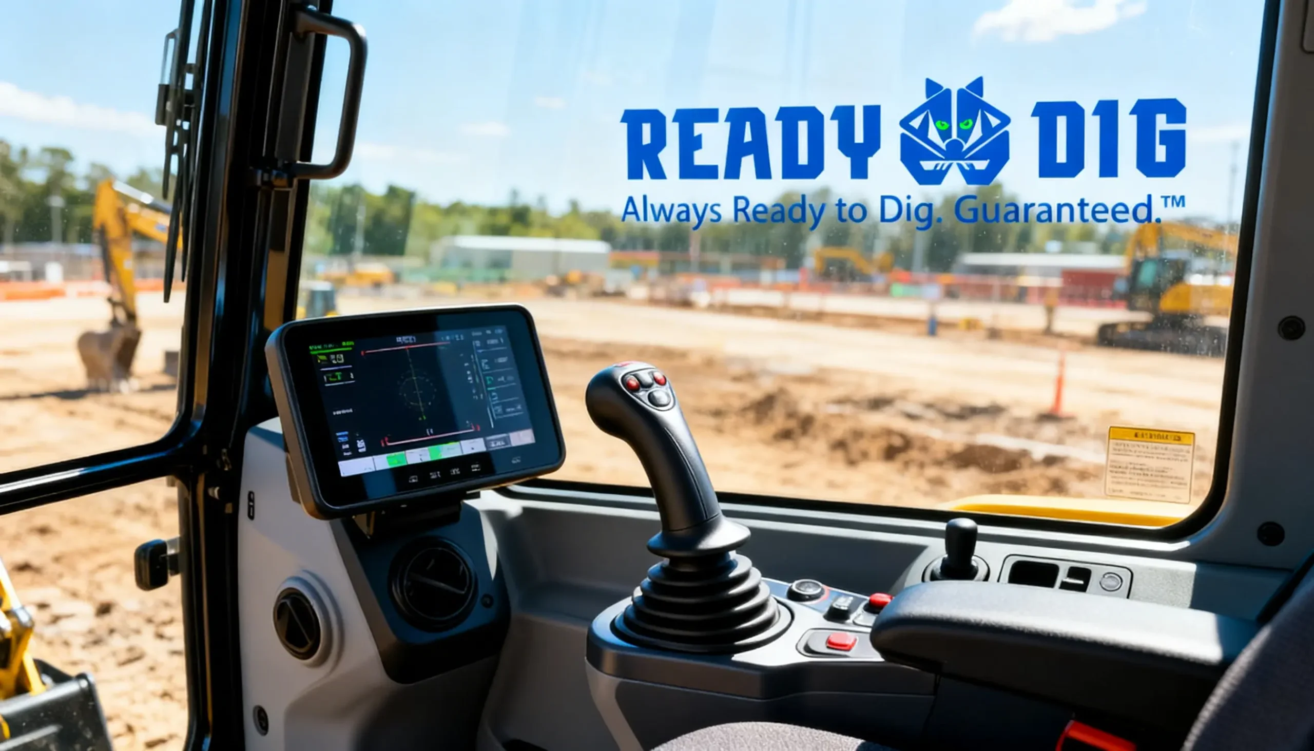 Interior view of a modern mini excavator cab showing advanced digital telematics screens and ergonomic joysticks for maximum operator comfort.