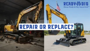A split-screen comparison showing a broken down mini excavator needing repair versus a brand new ReadyDig SANY mini excavator.