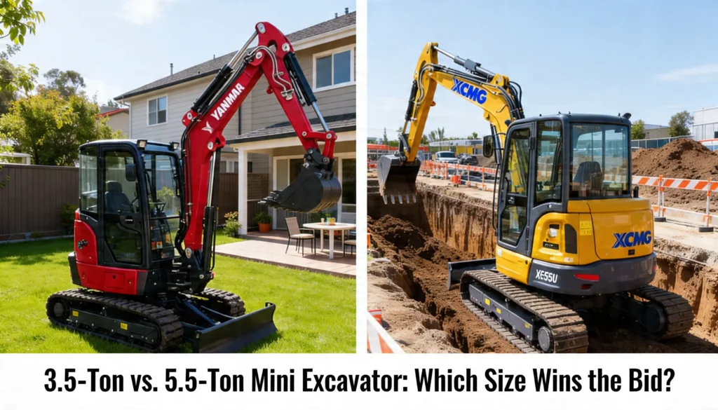 3.5-ton Yanmar mini excavator in a residential backyard and a 5.5-ton XCMG excavator on a commercial trenching site.
