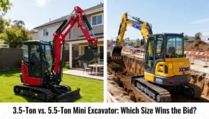 3.5-ton Yanmar mini excavator in a residential backyard and a 5.5-ton XCMG excavator on a commercial trenching site.
