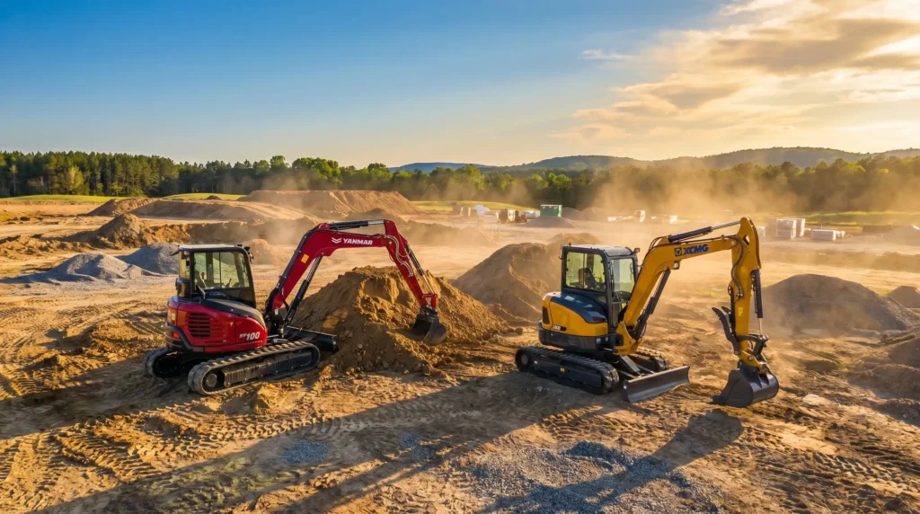 Best mini excavators 2026: Yanmar and XCMG compact excavators parked on a construction job site at golden hour.